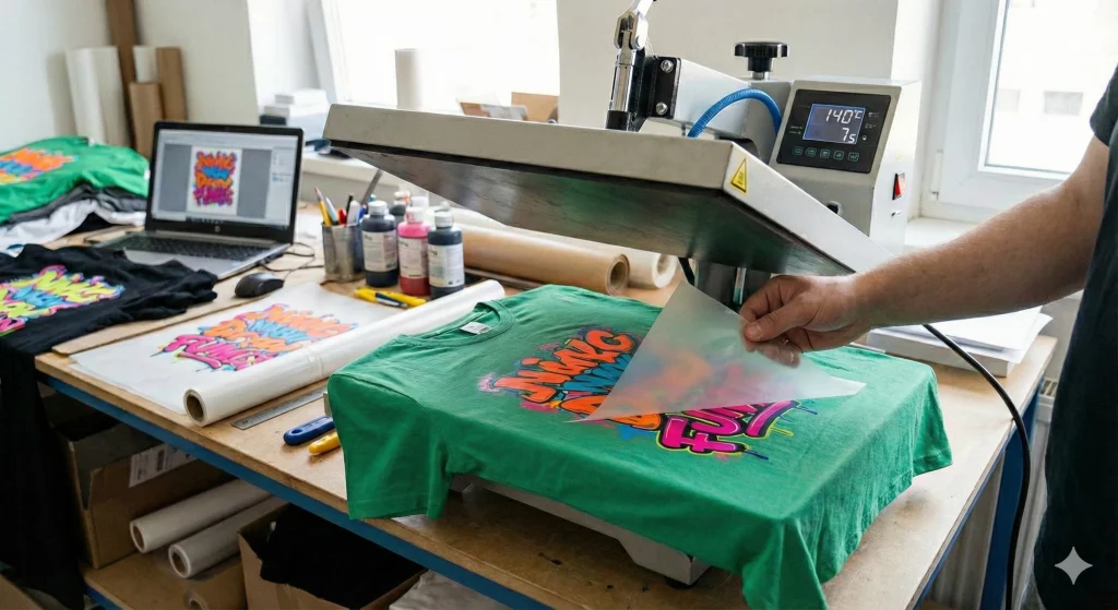 aplicando dtf sobre camiseta verde.